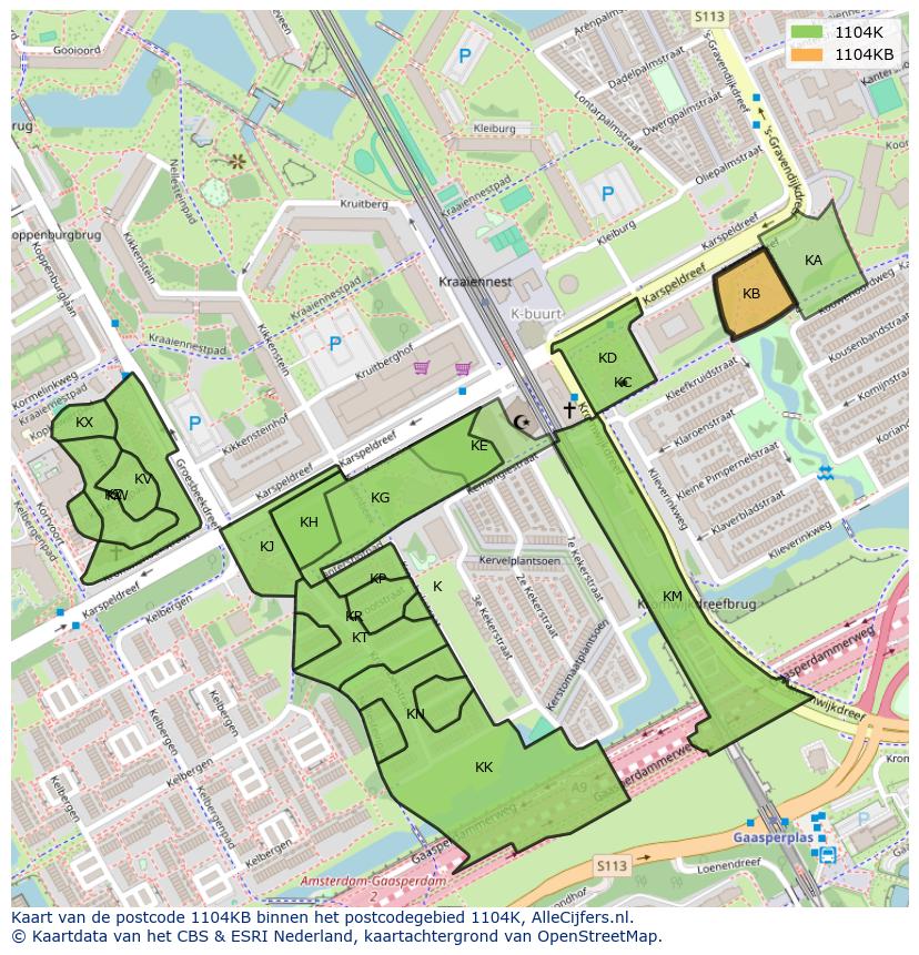 Afbeelding van het postcodegebied 1104 KB op de kaart.