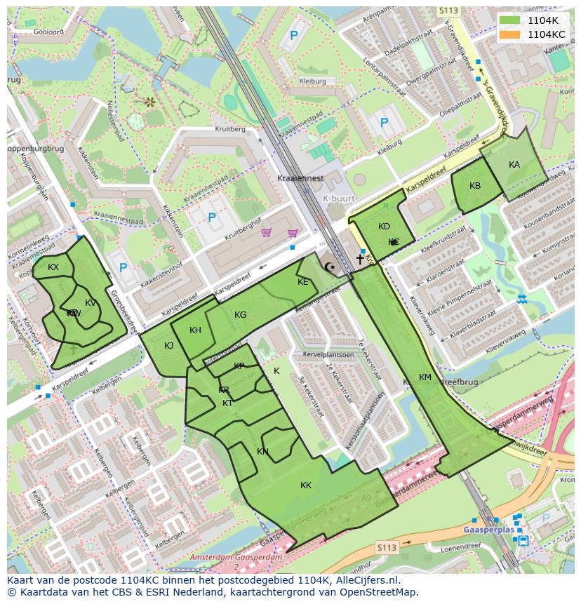 Afbeelding van het postcodegebied 1104 KC op de kaart.