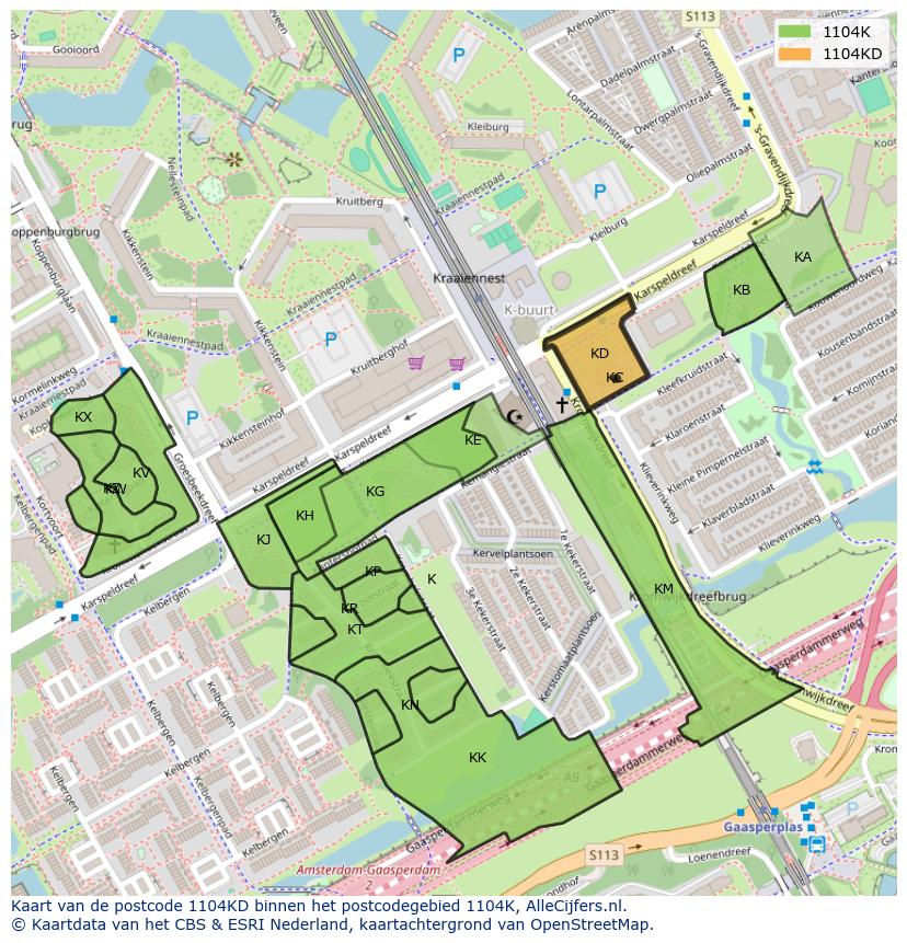 Afbeelding van het postcodegebied 1104 KD op de kaart.