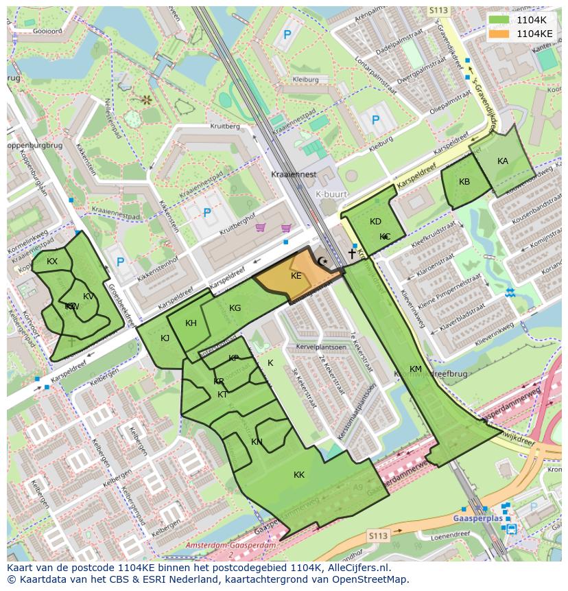 Afbeelding van het postcodegebied 1104 KE op de kaart.