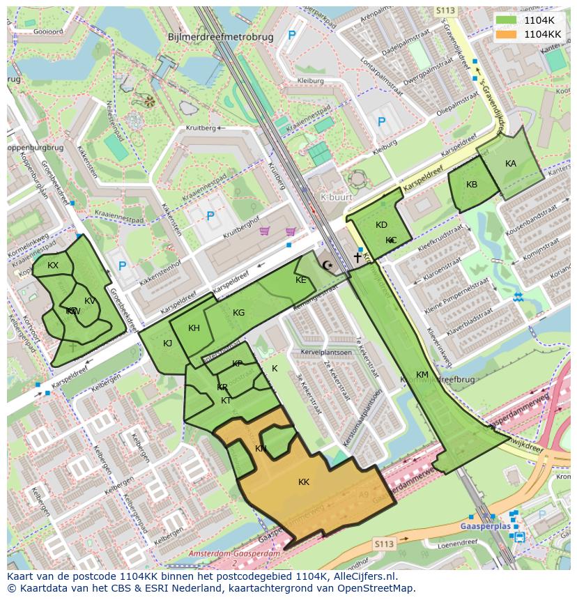 Afbeelding van het postcodegebied 1104 KK op de kaart.
