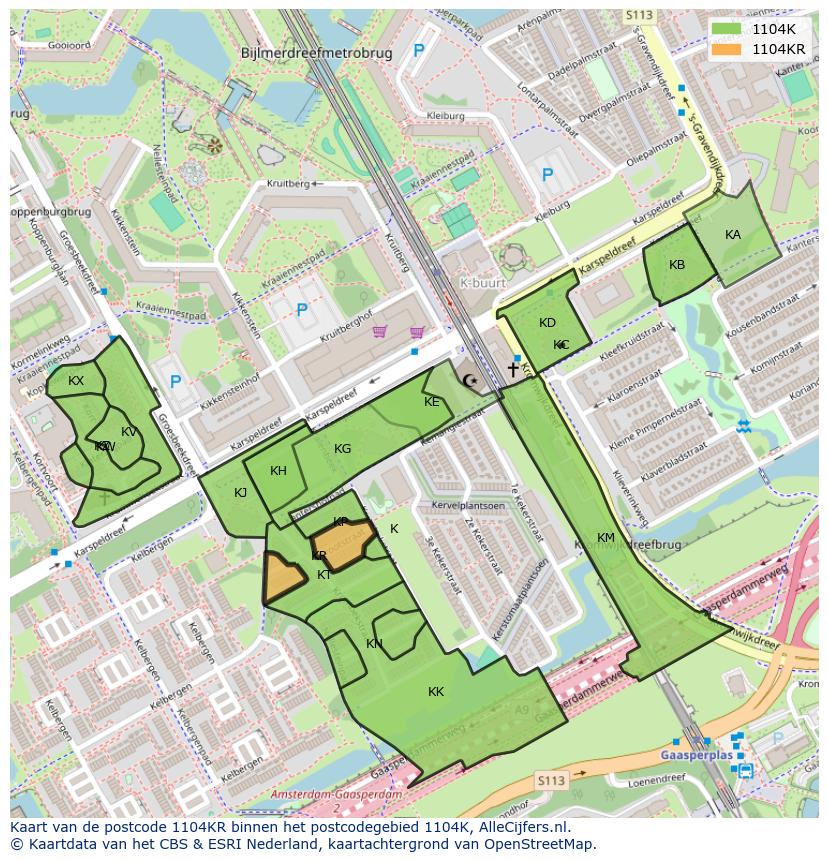 Afbeelding van het postcodegebied 1104 KR op de kaart.