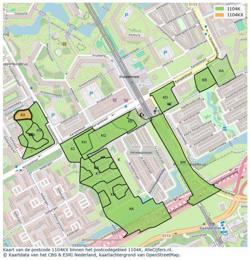 Afbeelding van het postcodegebied 1104 KX op de kaart.