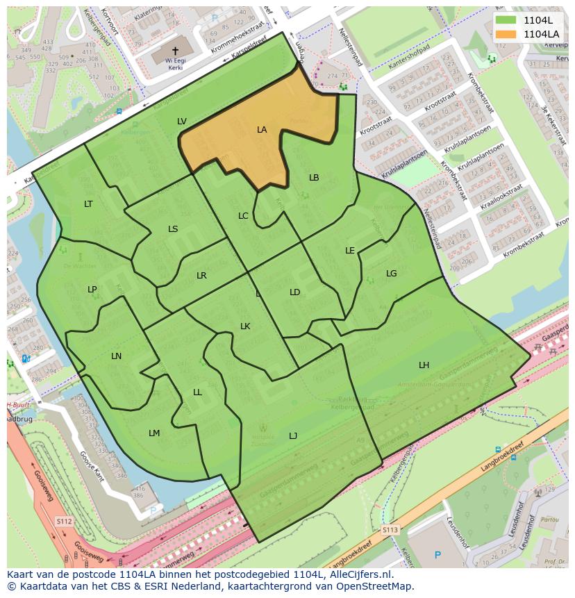 Afbeelding van het postcodegebied 1104 LA op de kaart.
