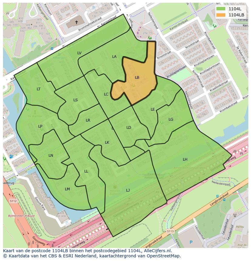 Afbeelding van het postcodegebied 1104 LB op de kaart.