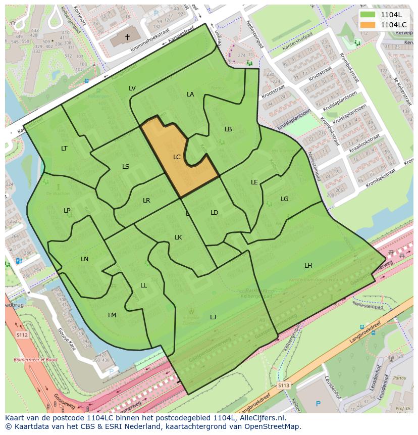 Afbeelding van het postcodegebied 1104 LC op de kaart.