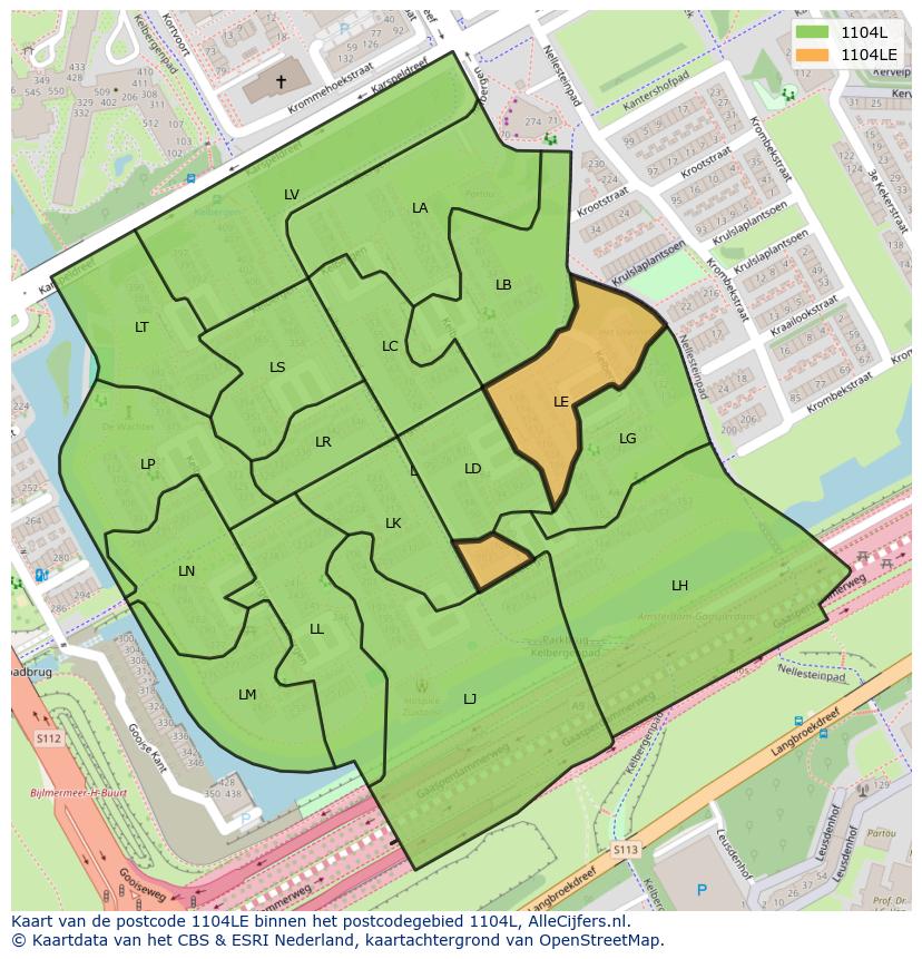Afbeelding van het postcodegebied 1104 LE op de kaart.