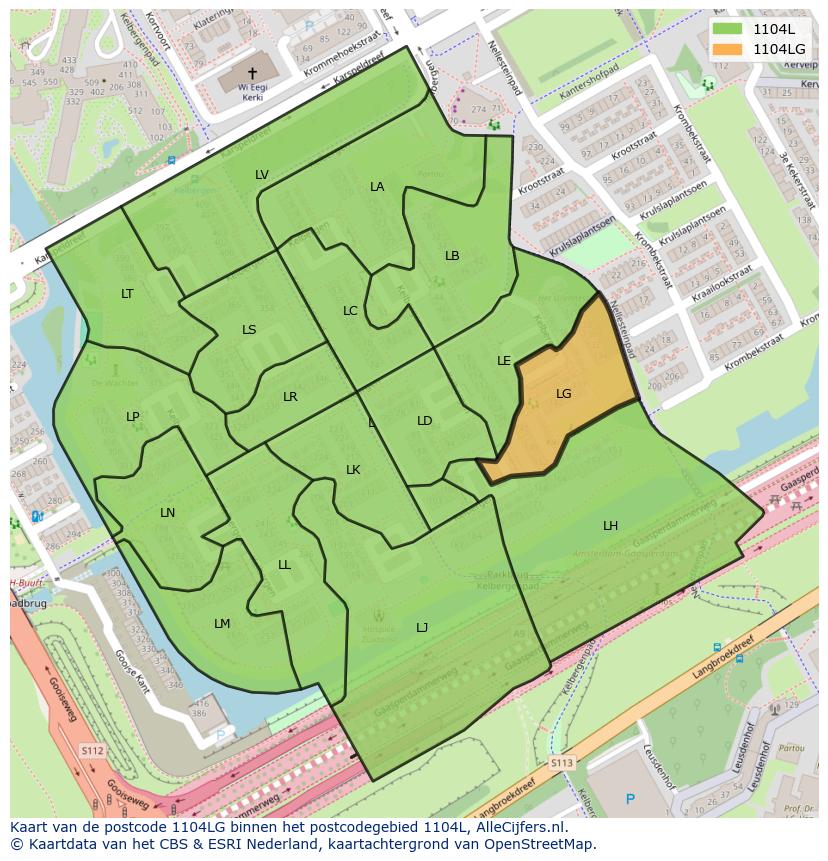 Afbeelding van het postcodegebied 1104 LG op de kaart.