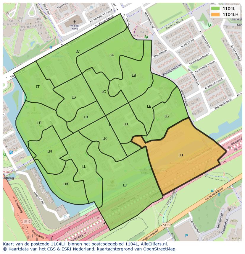 Afbeelding van het postcodegebied 1104 LH op de kaart.
