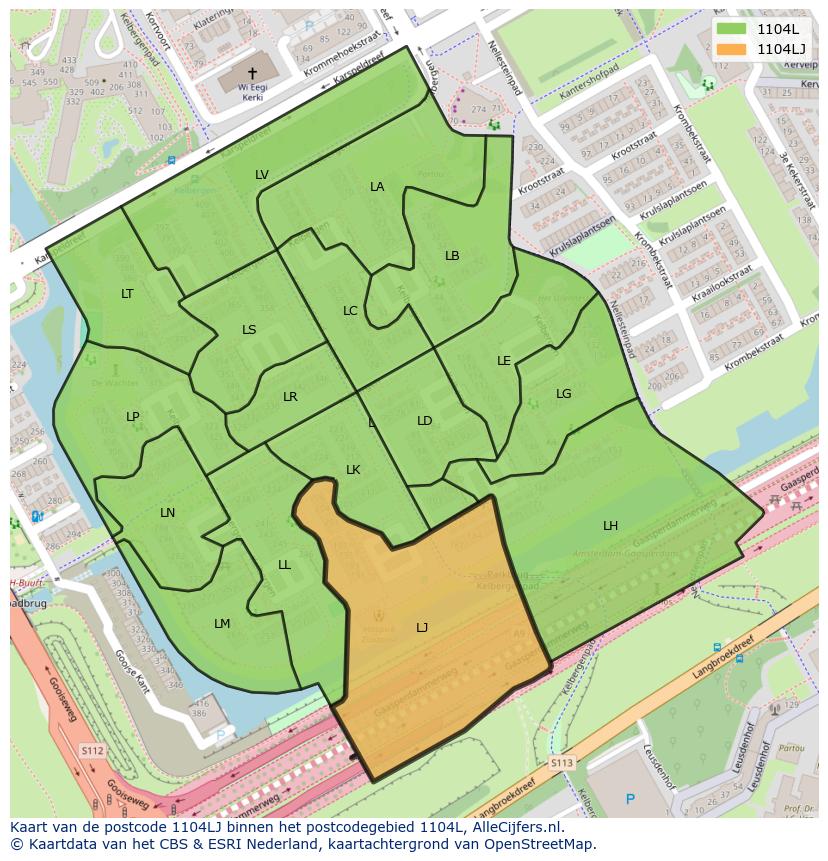 Afbeelding van het postcodegebied 1104 LJ op de kaart.