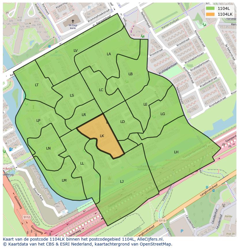 Afbeelding van het postcodegebied 1104 LK op de kaart.