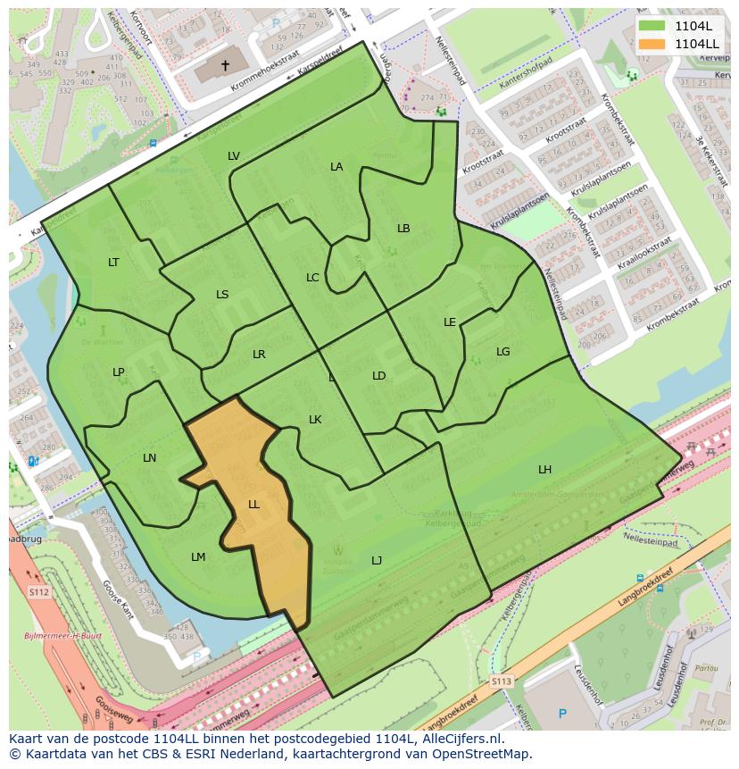 Afbeelding van het postcodegebied 1104 LL op de kaart.