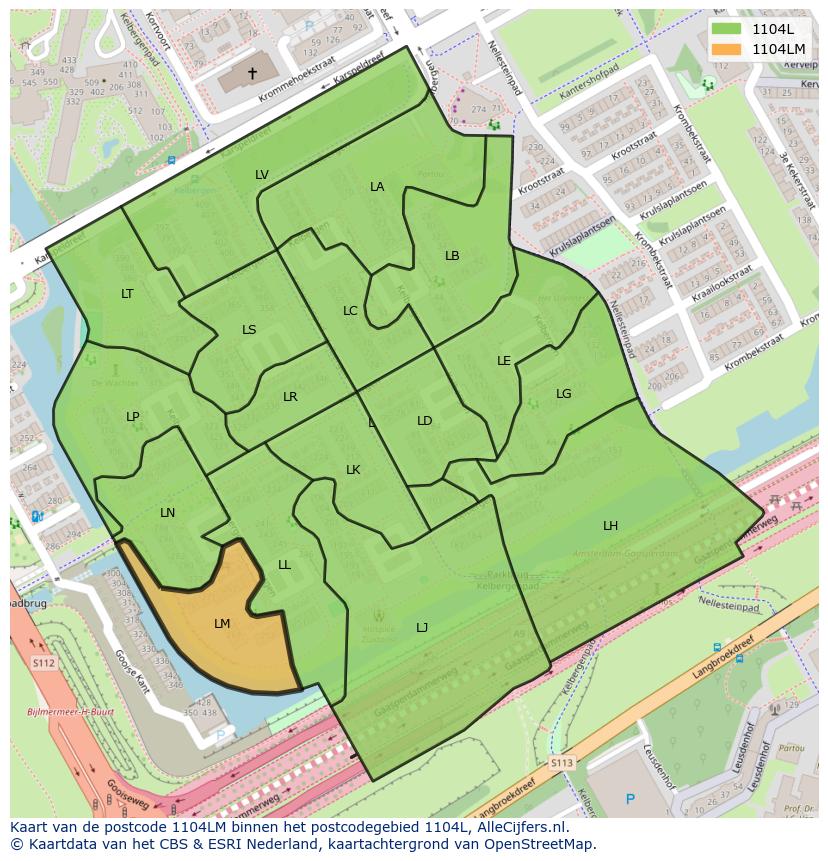 Afbeelding van het postcodegebied 1104 LM op de kaart.