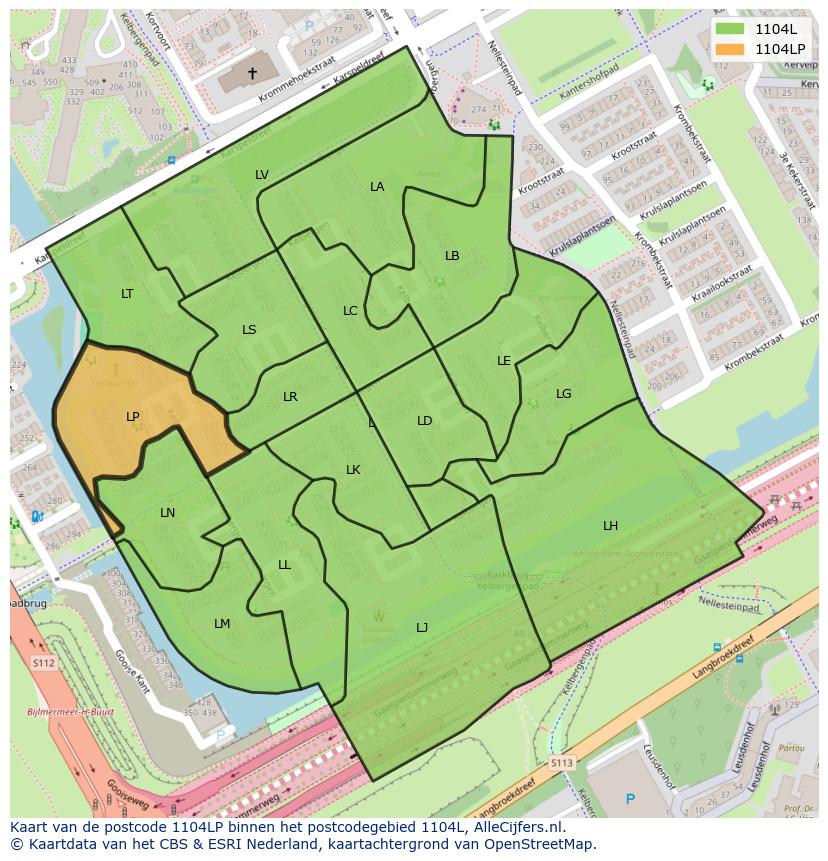 Afbeelding van het postcodegebied 1104 LP op de kaart.