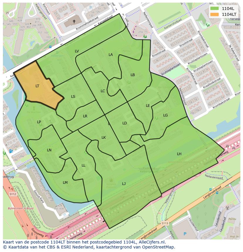 Afbeelding van het postcodegebied 1104 LT op de kaart.