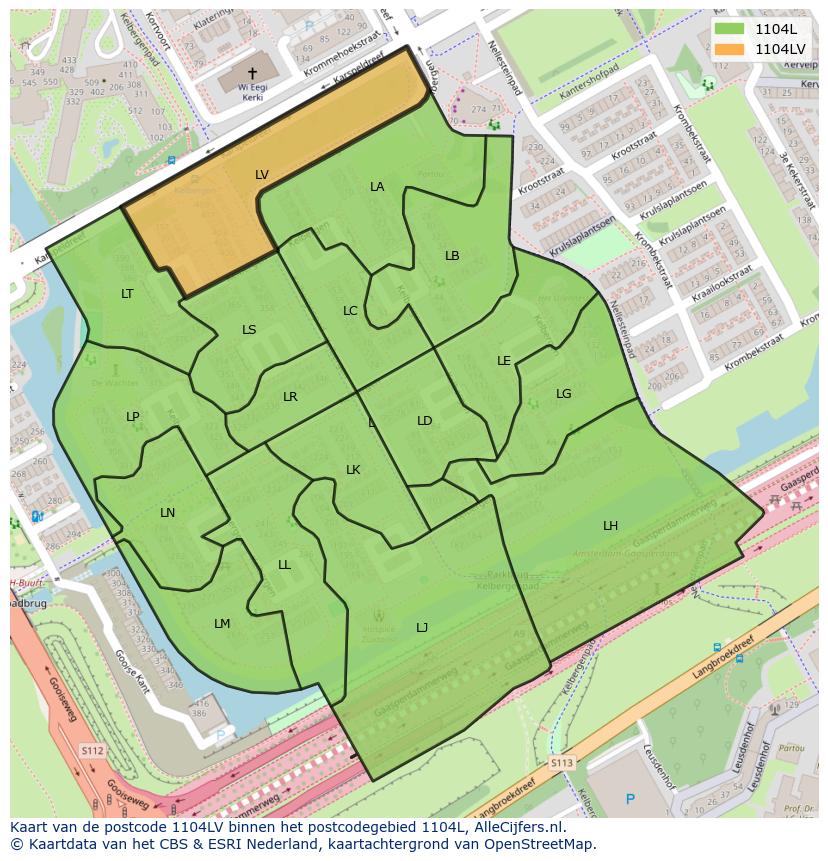 Afbeelding van het postcodegebied 1104 LV op de kaart.