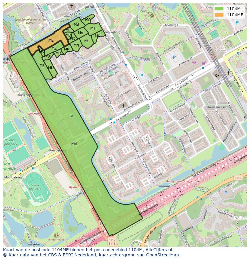 Afbeelding van het postcodegebied 1104 ME op de kaart.