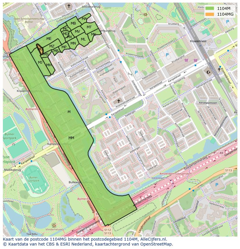 Afbeelding van het postcodegebied 1104 MG op de kaart.