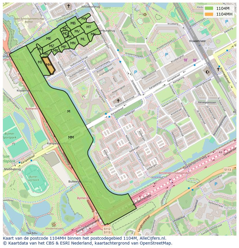 Afbeelding van het postcodegebied 1104 MH op de kaart.