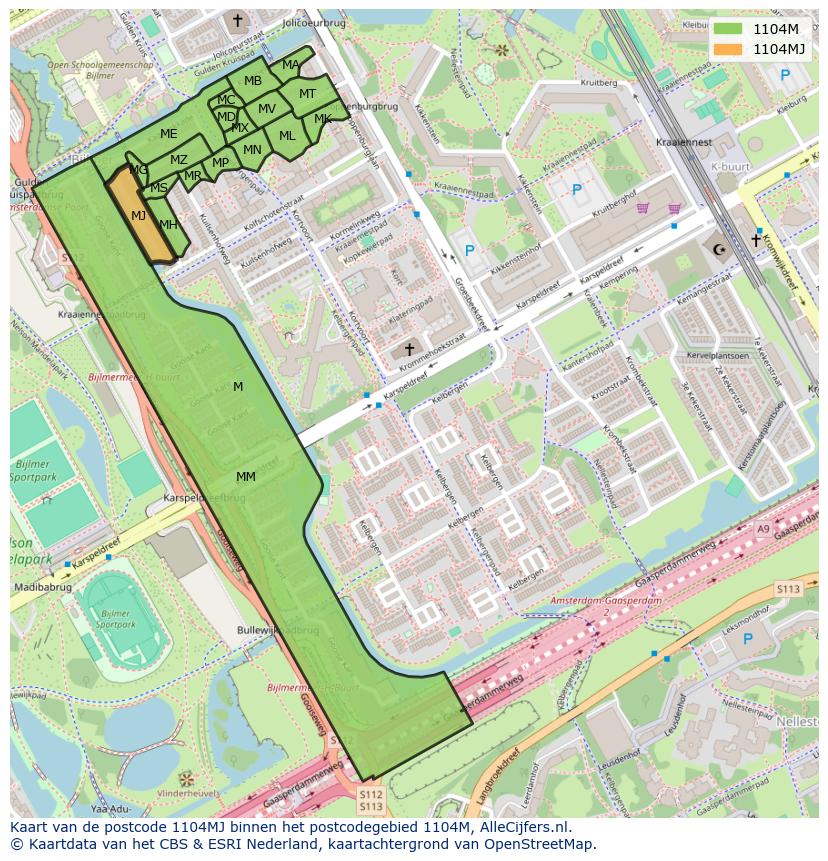 Afbeelding van het postcodegebied 1104 MJ op de kaart.