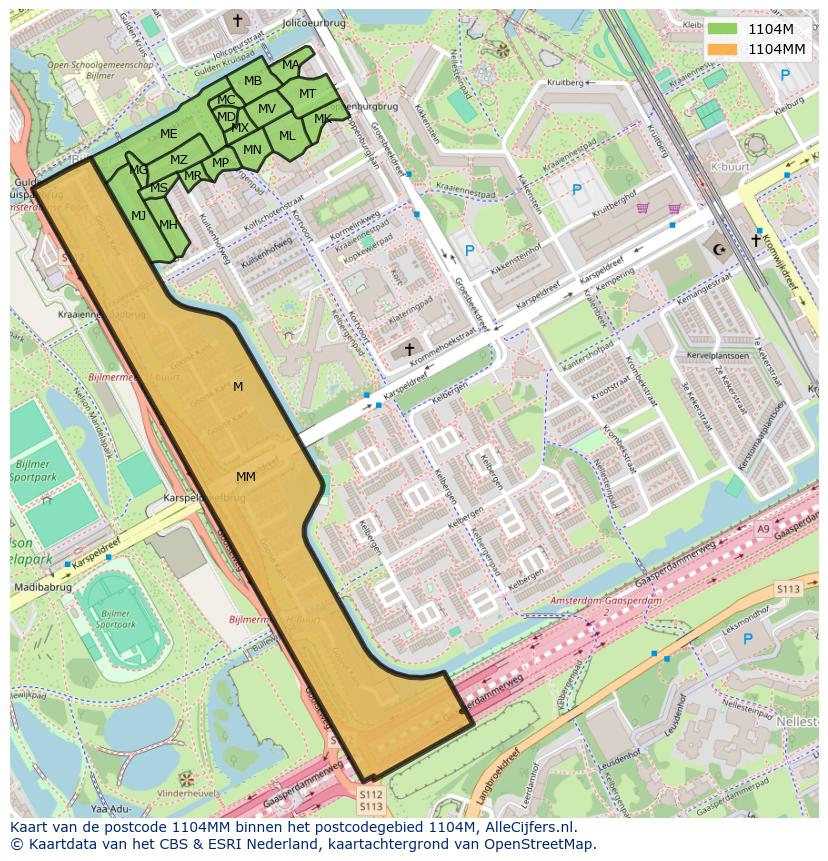 Afbeelding van het postcodegebied 1104 MM op de kaart.