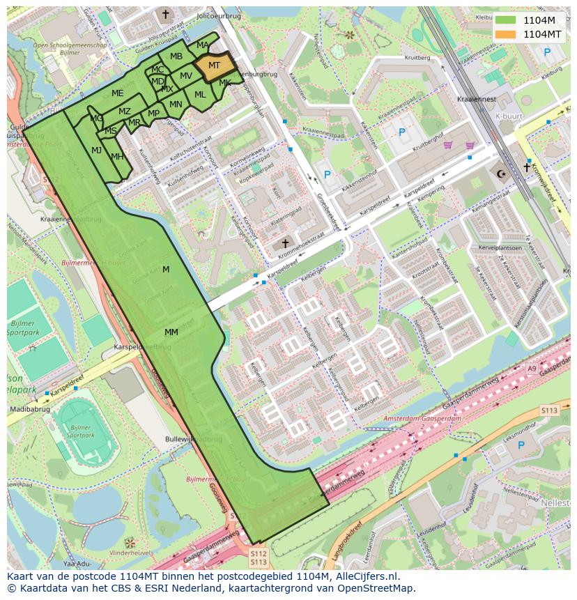 Afbeelding van het postcodegebied 1104 MT op de kaart.