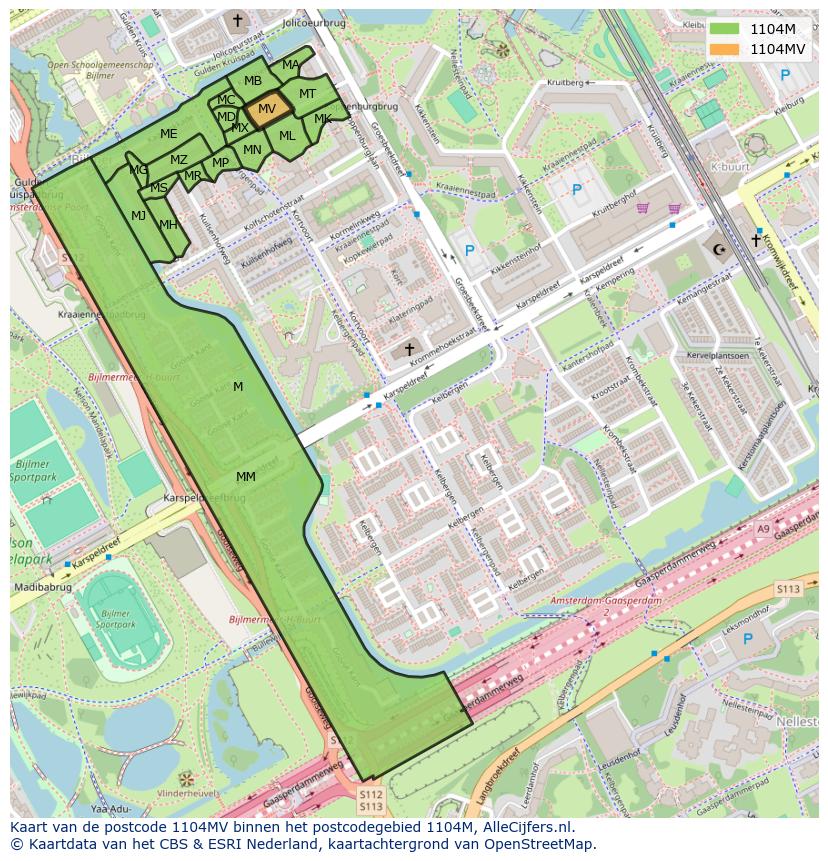 Afbeelding van het postcodegebied 1104 MV op de kaart.