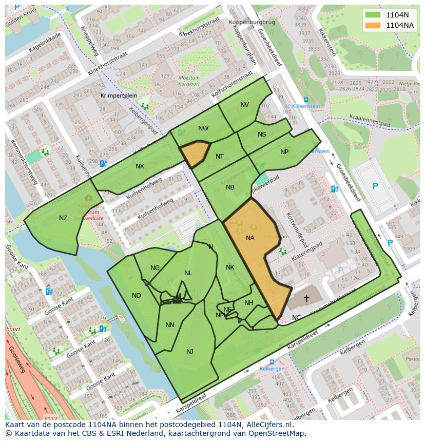Afbeelding van het postcodegebied 1104 NA op de kaart.