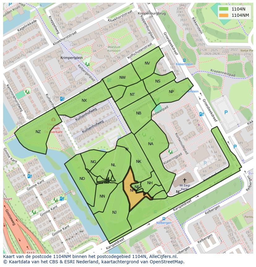 Afbeelding van het postcodegebied 1104 NM op de kaart.