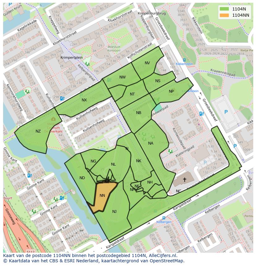 Afbeelding van het postcodegebied 1104 NN op de kaart.