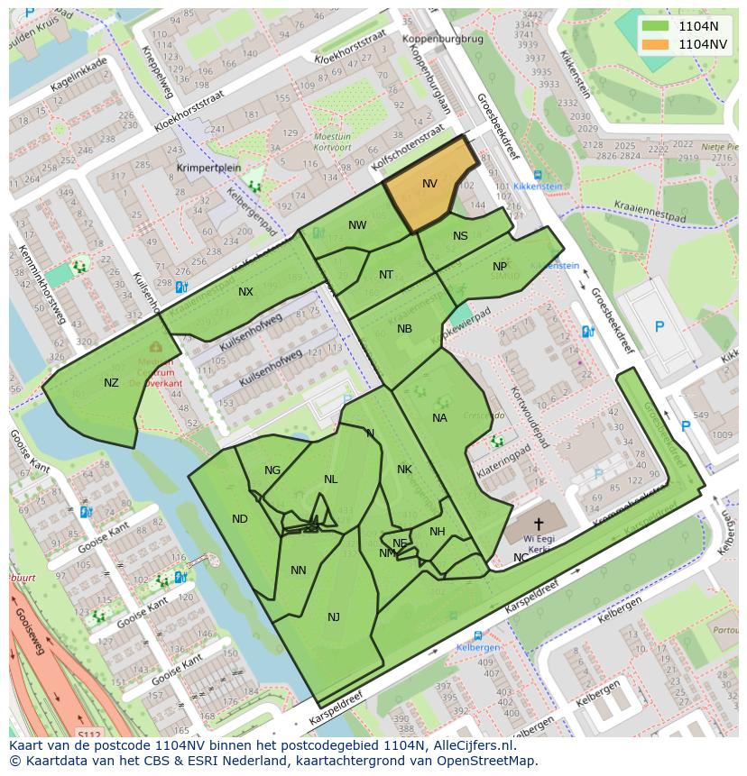 Afbeelding van het postcodegebied 1104 NV op de kaart.