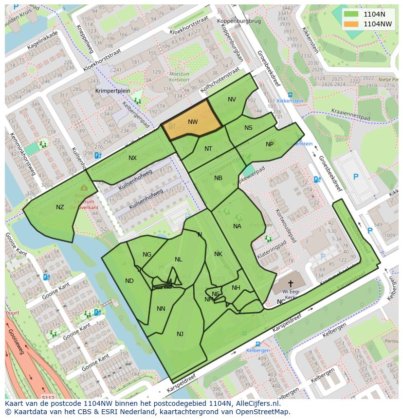 Afbeelding van het postcodegebied 1104 NW op de kaart.