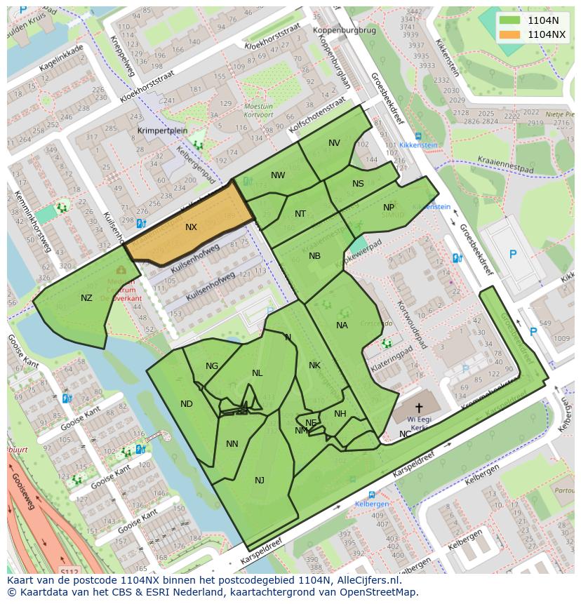 Afbeelding van het postcodegebied 1104 NX op de kaart.