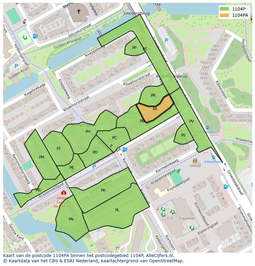 Afbeelding van het postcodegebied 1104 PA op de kaart.