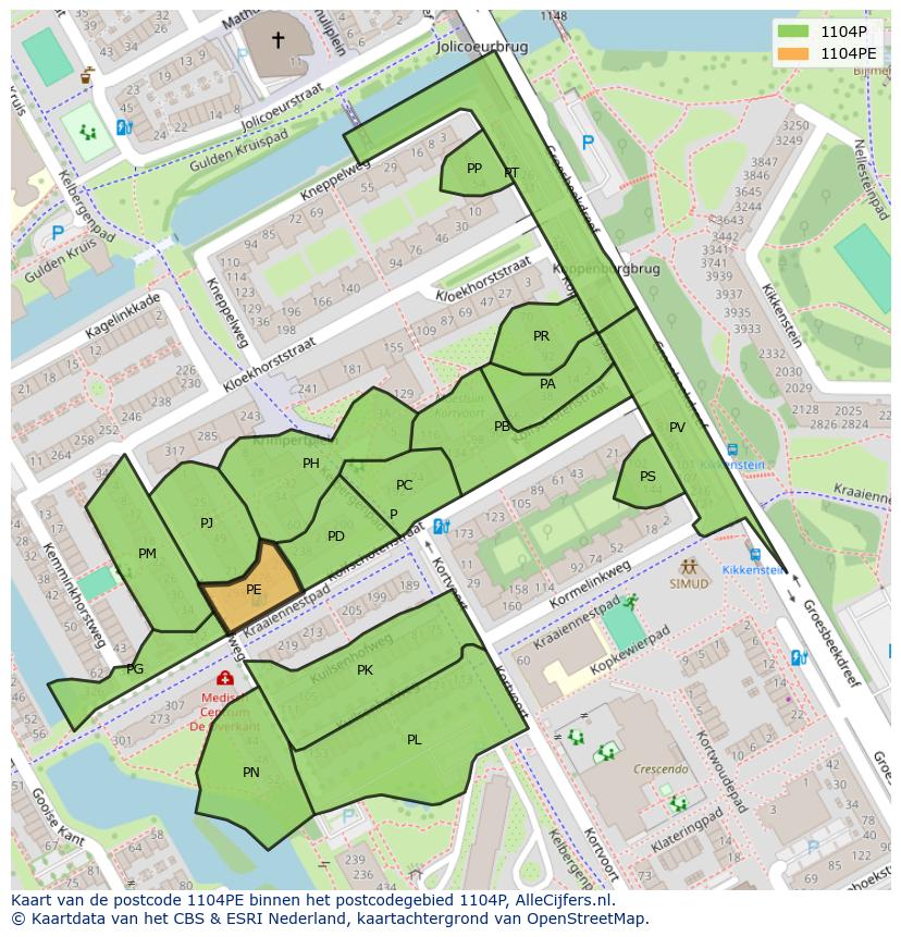 Afbeelding van het postcodegebied 1104 PE op de kaart.