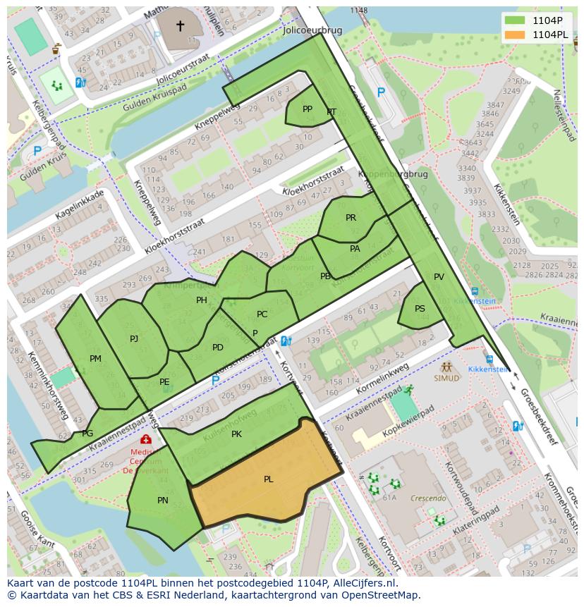 Afbeelding van het postcodegebied 1104 PL op de kaart.