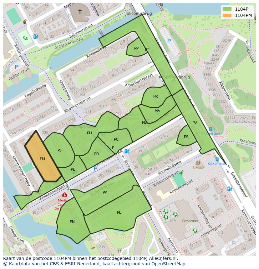 Afbeelding van het postcodegebied 1104 PM op de kaart.