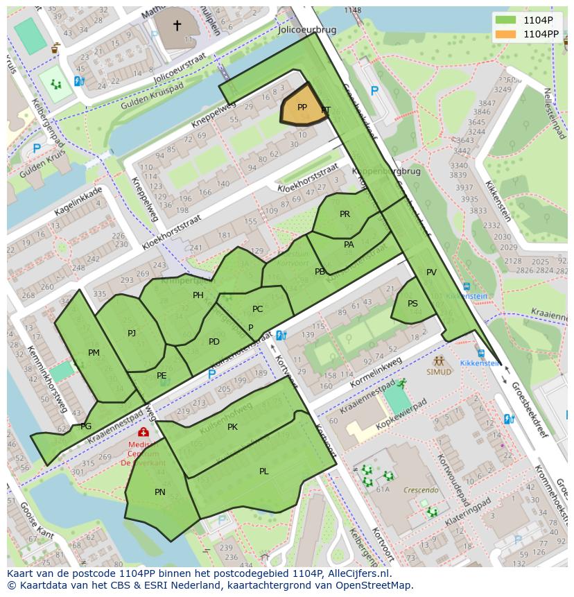 Afbeelding van het postcodegebied 1104 PP op de kaart.