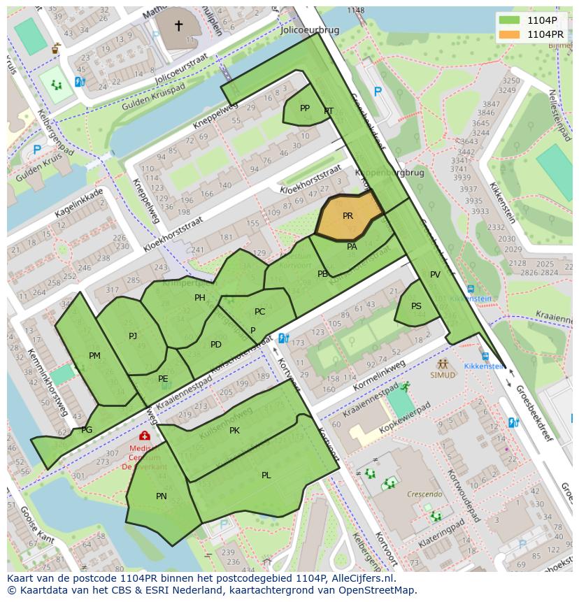 Afbeelding van het postcodegebied 1104 PR op de kaart.