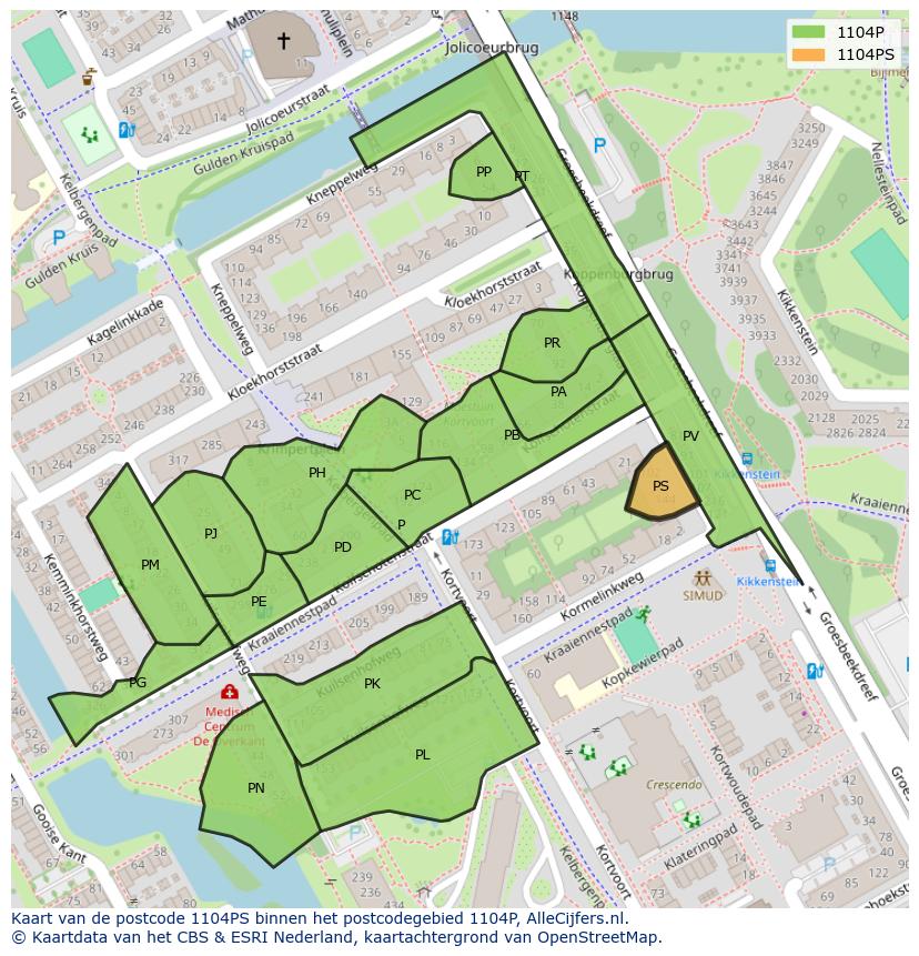 Afbeelding van het postcodegebied 1104 PS op de kaart.