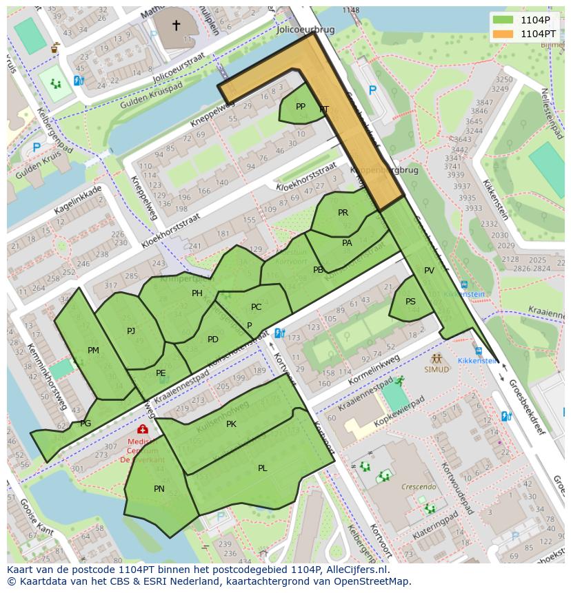 Afbeelding van het postcodegebied 1104 PT op de kaart.