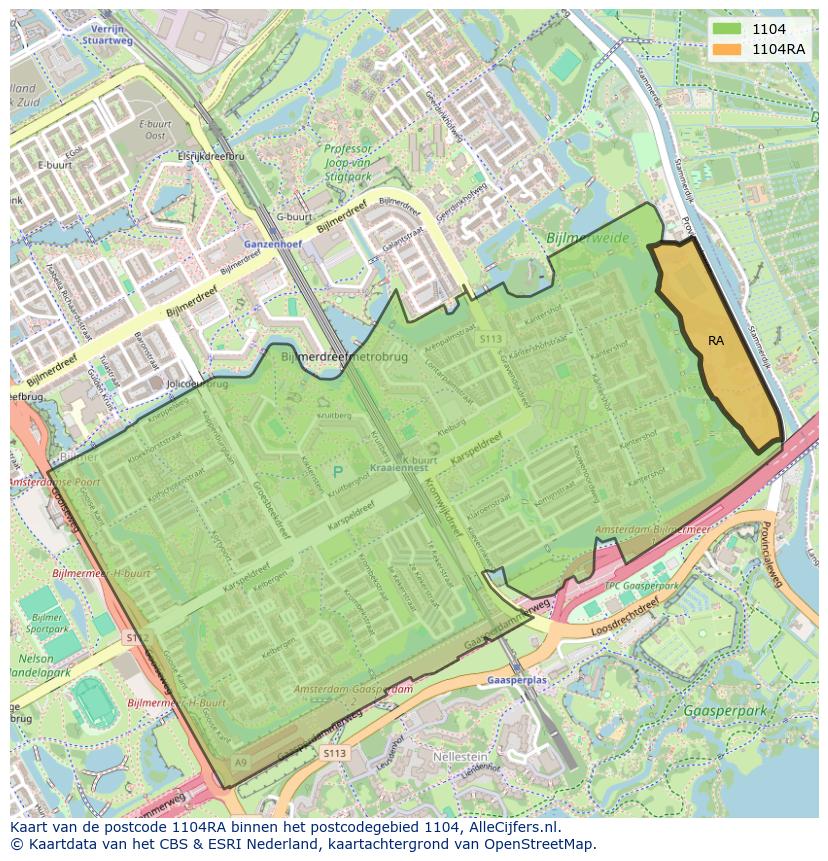 Afbeelding van het postcodegebied 1104 RA op de kaart.