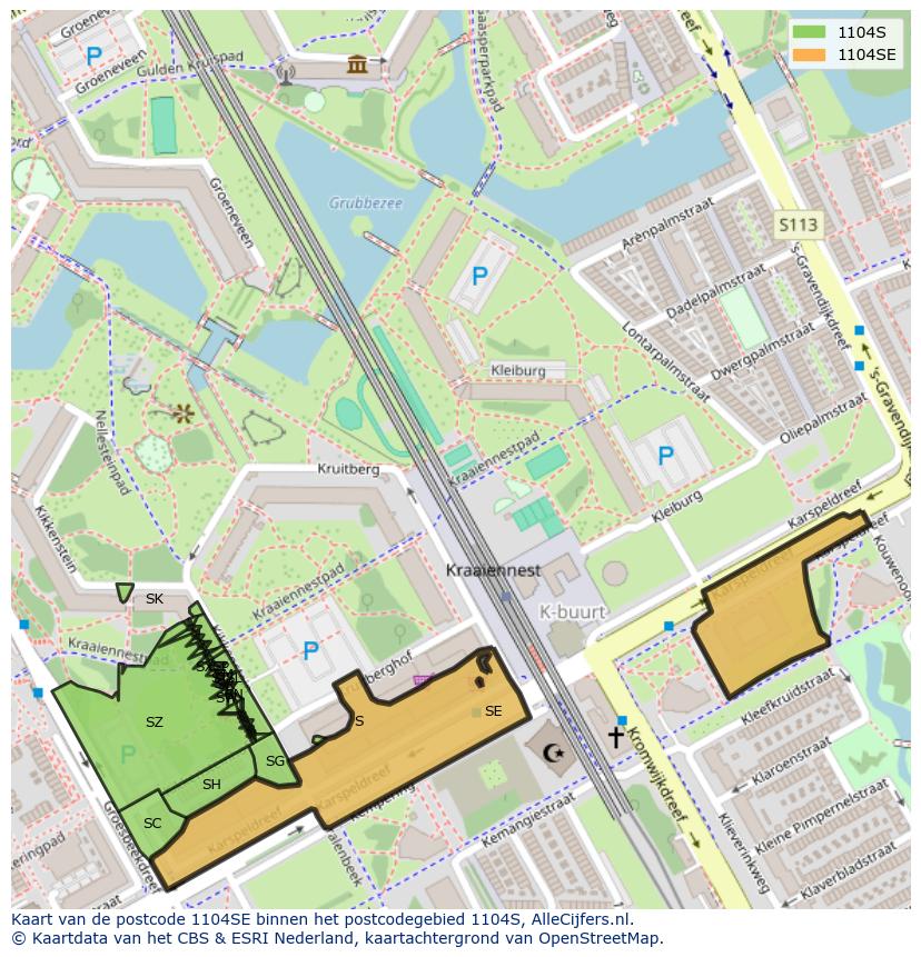 Afbeelding van het postcodegebied 1104 SE op de kaart.