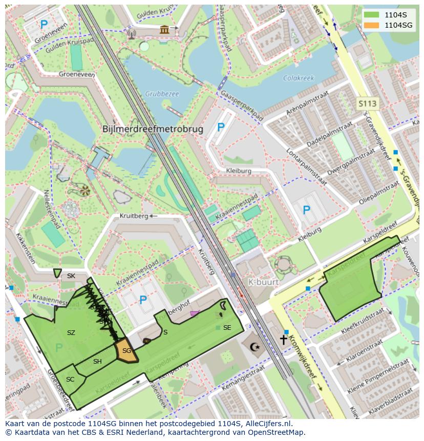Afbeelding van het postcodegebied 1104 SG op de kaart.