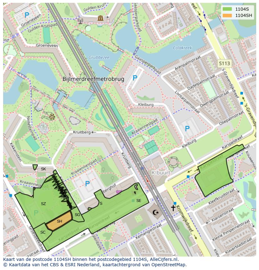 Afbeelding van het postcodegebied 1104 SH op de kaart.