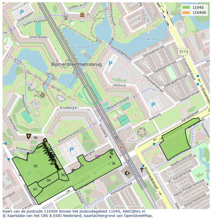 Afbeelding van het postcodegebied 1104 SK op de kaart.