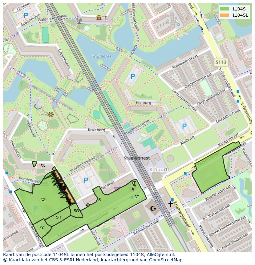 Afbeelding van het postcodegebied 1104 SL op de kaart.