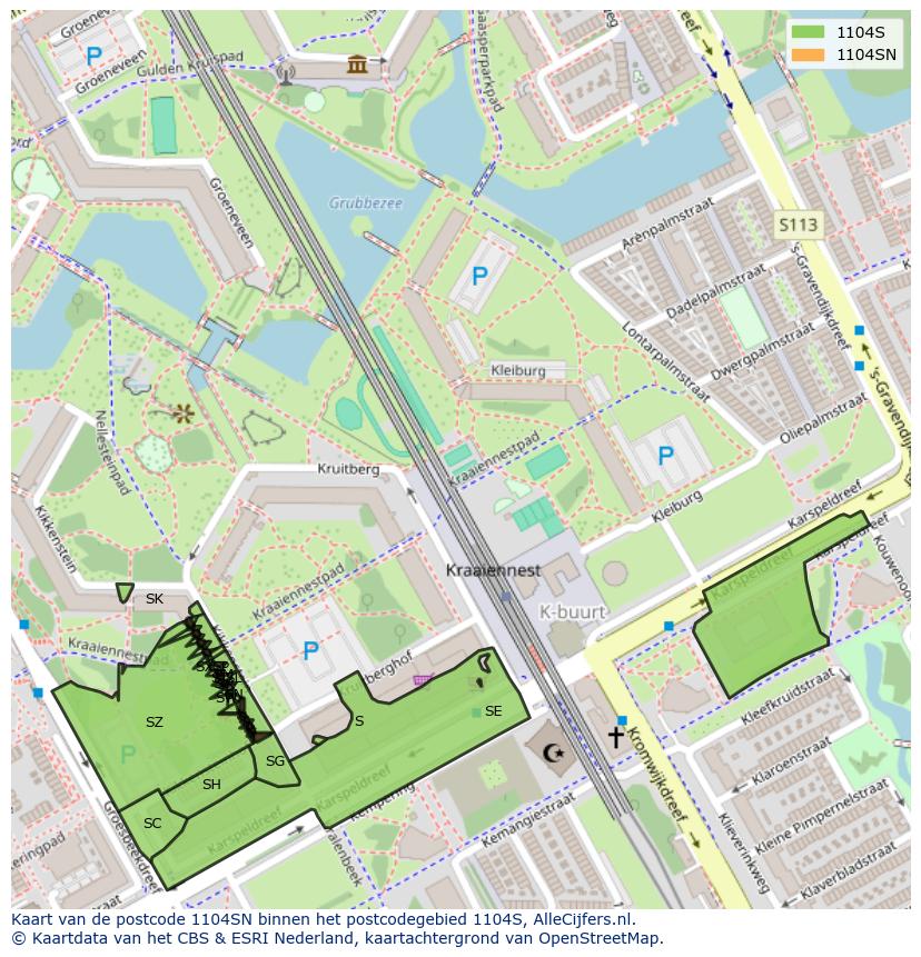 Afbeelding van het postcodegebied 1104 SN op de kaart.