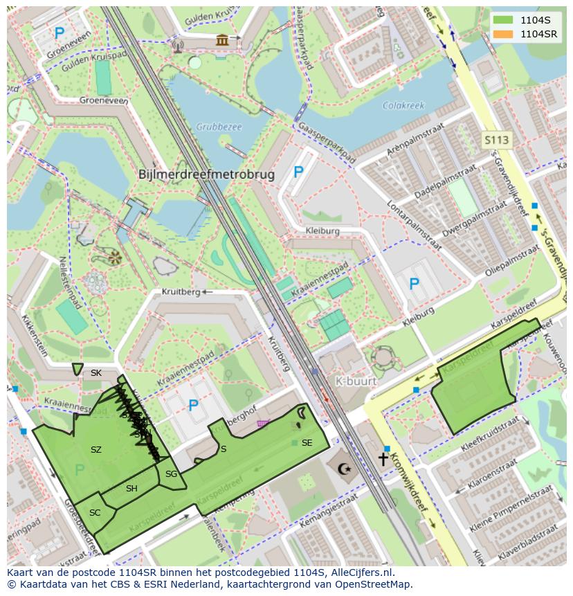 Afbeelding van het postcodegebied 1104 SR op de kaart.