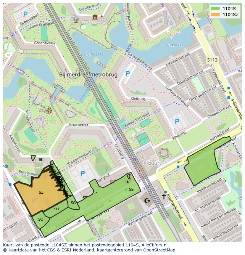 Afbeelding van het postcodegebied 1104 SZ op de kaart.